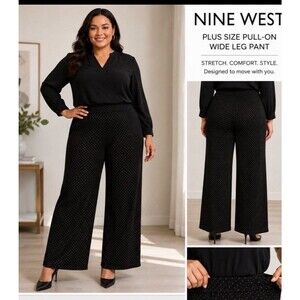Nine West Plus Size 3X Wide Leg Pull On Pants Black Gold Dot Stretch NWT